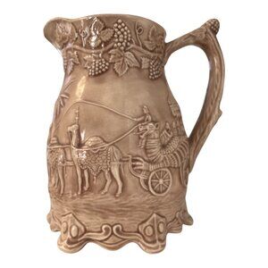 Vintage 1964 Signed Studio Pottery Pitcher Relief Caravan Elephant Camel Scene